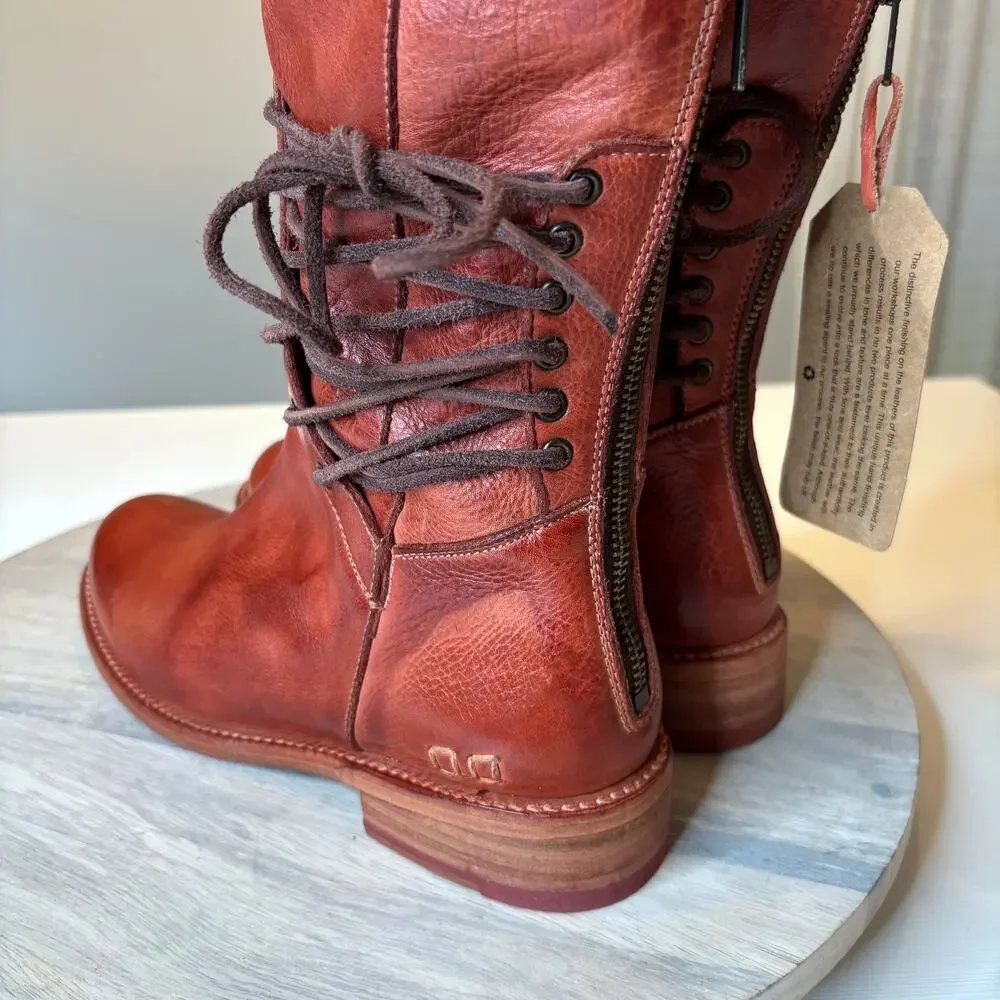 BED STU Fen Women's Leather Lace Up Combat Boots Studded Cognac Brown US 7 NWT